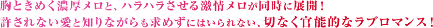 “胸ときめく濃厚メロと、ハラハラさせる激情メロが同時に展開！許されない愛と知りながらも求めずにはいられない、切なく官能的なラブロマンス！