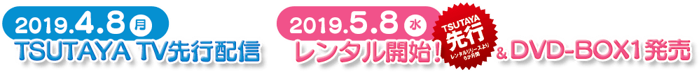 2019年4月8日(月)に『TSUTAYA TV』で先行配信。2019年5月8日(水)にレンタル開始と、DVD-BOX1発売。