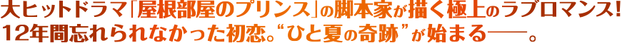 大ヒットドラマ「屋根部屋のプリンス」の脚本家が描く極上のラブロマンス！12年間忘れられなかった初恋。“ひと夏の奇跡”が始まる―。