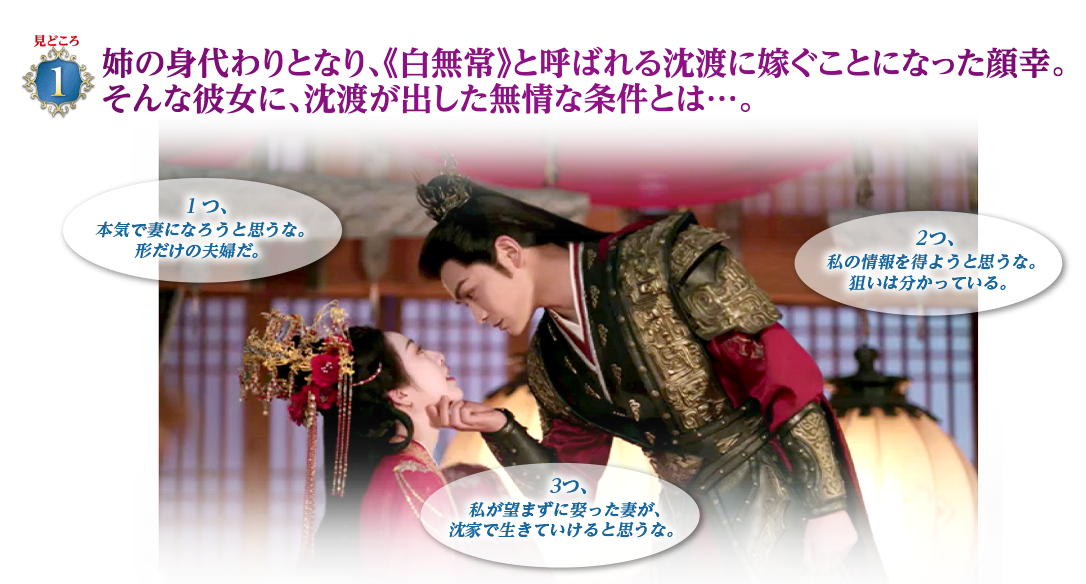 見どころ1　姉の身代わりとなり、《白無常》と呼ばれる沈渡に嫁ぐことになった顔幸。そんな彼女に、沈渡が出した無情な条件とは…。