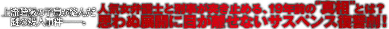 上流階級の子息が絡んだ謎の殺人事件　人気女弁護士と刑事が突き止める、19年前の“真相”とは？思わぬ展開に目が離せないサスペンス復讐劇!